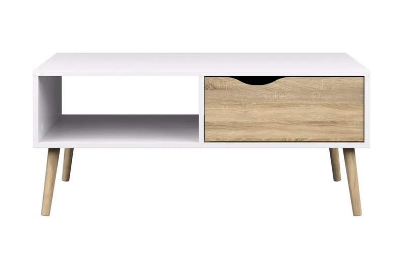 Delta Sofabord 99 cm med Oppbevaringsskuff + Hylle, Hvit/Eikefarge