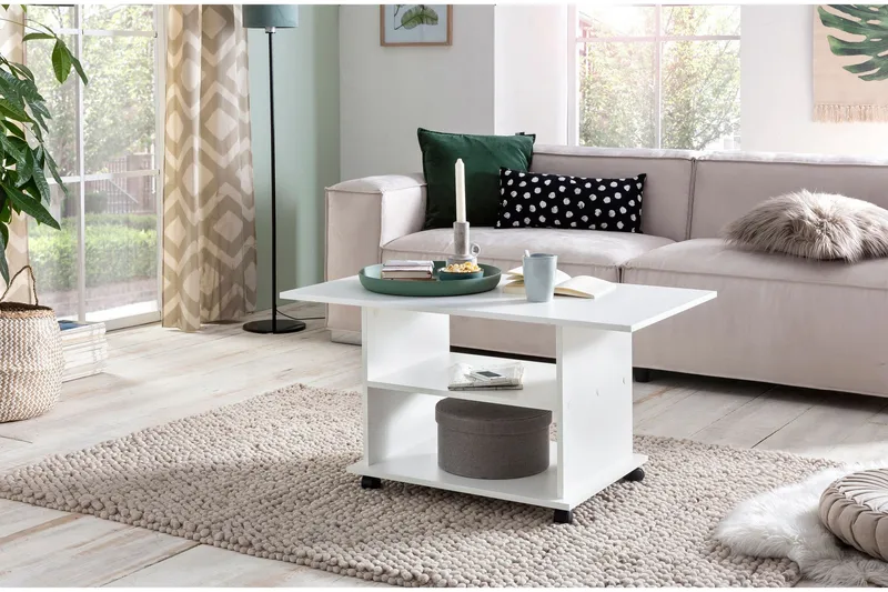 Dewand Rektangulært Salongbord 95 cm med Hjul og Hyller i Tre - Hvit - Møbler - Bord - Sofabord - Sofabord med hjul