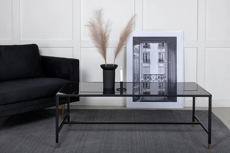 Dipp Sofabord 130 cm Marmormønster, Glas/Sort/Messing