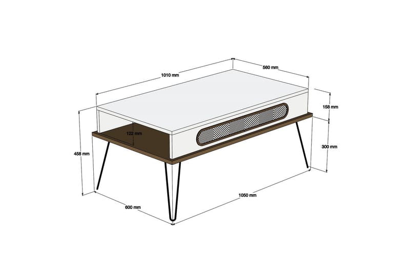 Ekolane Sofabord 105 cm med Oppbevaringshylle - Hvit/Natur - Sofabord