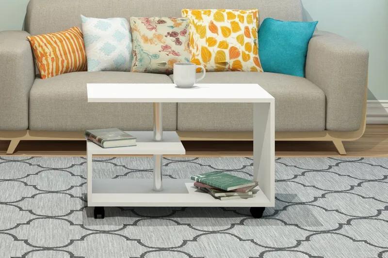 Elegancia Sofabord 80 cm med Oppbevaringshylle på Hjul - Hvit - Møbler - Bord - Sofabord