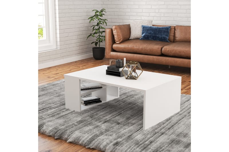 Elegancia Sofabord 90 cm med Oppbevaringshyller - Hvit - Sofabord