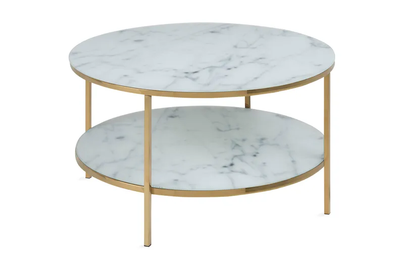 Epiffer Sofabord 80 cm Rundt med Oppbevaringshylle Marmormøn, Hvit/Gull