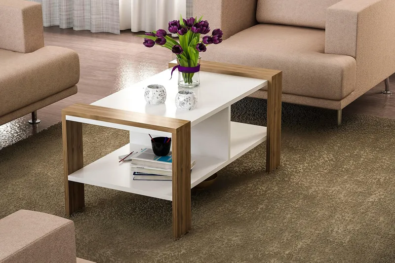 Ericanna Sofabord 90 cm med Oppbevaringshylle - Hvit/Valnøttsbrun - Møbler - Bord - Sofabord