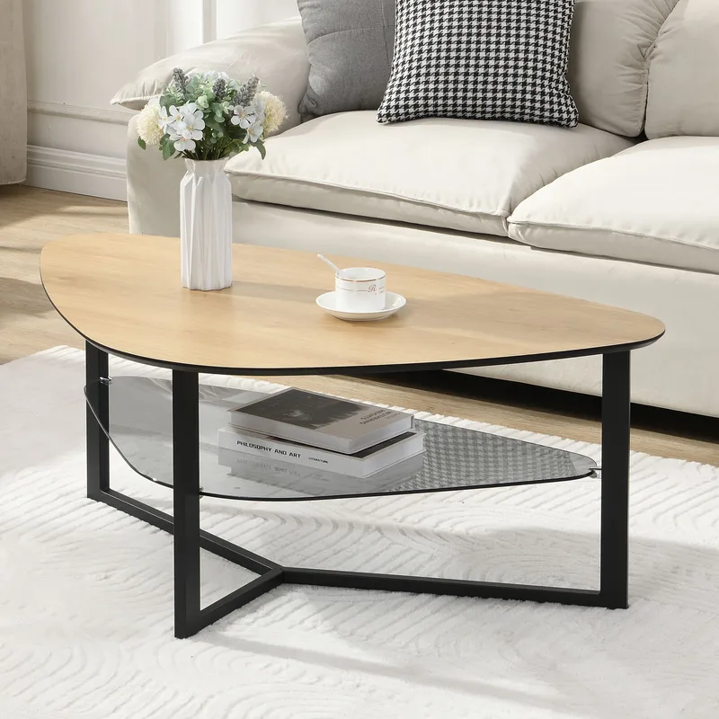 Erlona sofabord 110 cm nyreformet med eikelook, glasshylle og metallstamme - eikelook / svart - Møbler - Bord - Sofabord - Sofabord med oppbevaring