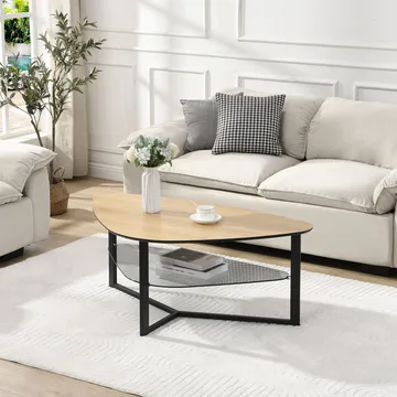Erlona sofabord 110 cm nyreformet med eikelook, glasshylle og metallstamme - eikelook / svart - Møbler - Bord - Sofabord - Sofabord med oppbevaring