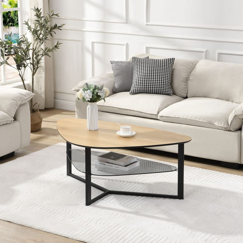 Erlona sofabord 110 cm nyreformet med eikelook, glasshylle og metallstamme - eikelook / svart - Møbler - Bord - Sofabord - Sofabord med oppbevaring