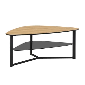 Erlona sofabord 110 cm nyreformet med eikelook, glasshylle og metallstamme - eikelook / svart - Møbler - Bord - Sofabord - Sofabord med oppbevaring