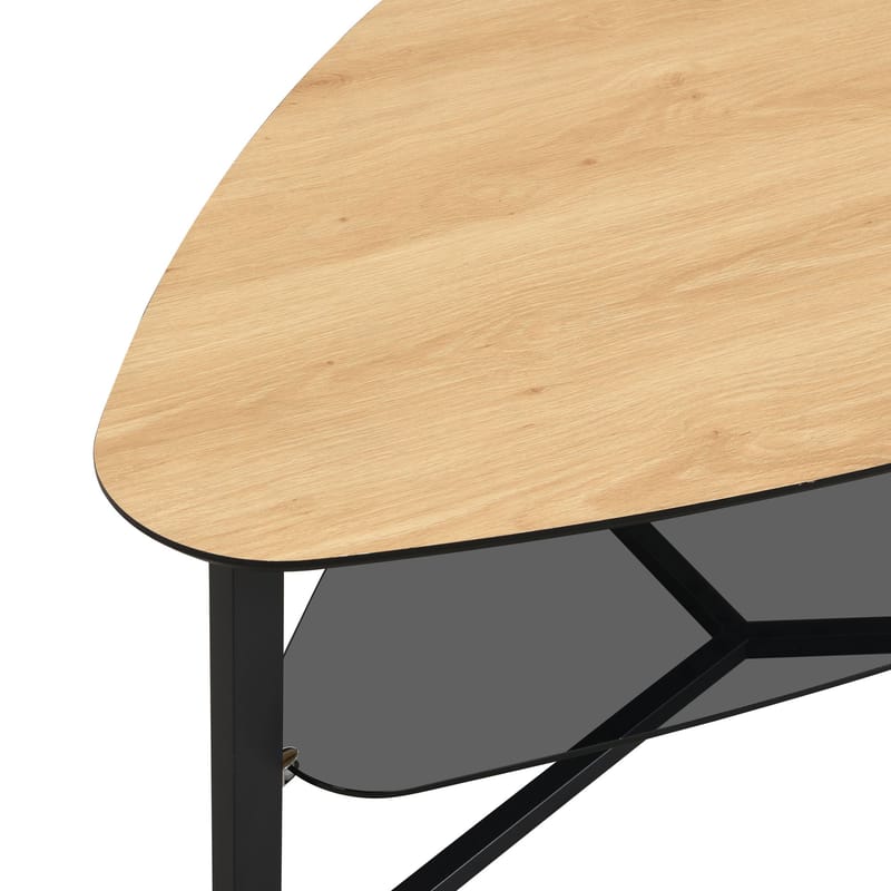 Erlona sofabord 110 cm nyreformet med eikelook, glasshylle og metallstamme - eikelook / svart - Møbler - Bord - Sofabord - Sofabord med oppbevaring