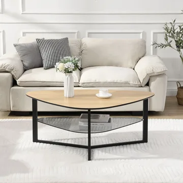 Erlona sofabord 110 cm nyreformet med eikelook, glasshylle og metallstamme - eikelook / svart - Møbler - Bord - Sofabord - Sofabord med oppbevaring