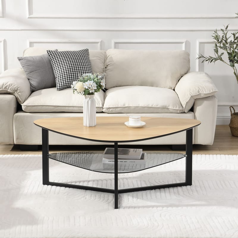 Erlona sofabord 110 cm nyreformet med eikelook, glasshylle og metallstamme - eikelook / svart - Møbler - Bord - Sofabord - Sofabord med oppbevaring