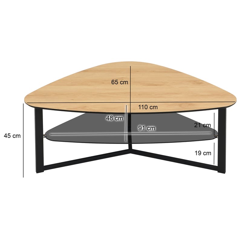 Erlona sofabord 110 cm nyreformet med eikelook, glasshylle og metallstamme - eikelook / svart - Møbler - Bord - Sofabord - Sofabord med oppbevaring
