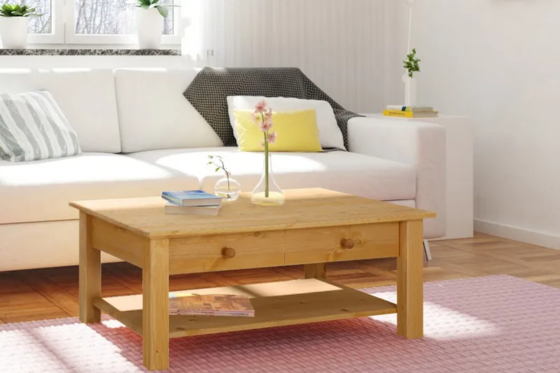 Evonne Sofabord 100 cm med Oppbevaring 2 Skuffer + Hylle - Brun - Møbler - Bord - Sofabord