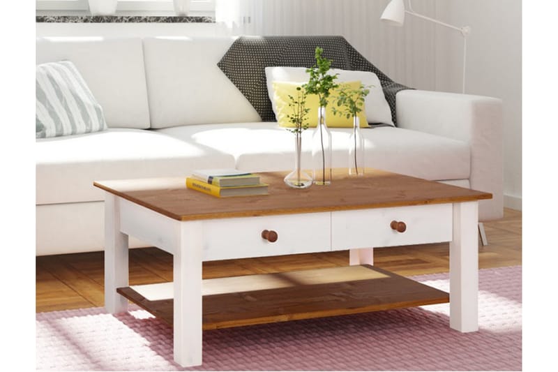 Evonne Sofabord 100 cm med Oppbevaring 2 Skuffer + Hylle - Hvit/Brun - Møbler - Bord - Sofabord