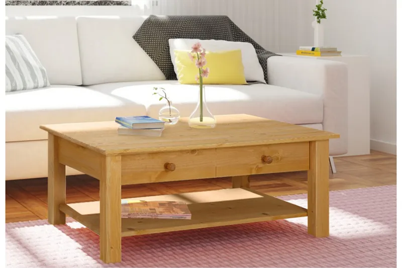 Evonne Sofabord 100 cm med Oppbevaring 2 Skuffer + Hylle - Brun - Møbler - Bord - Sofabord