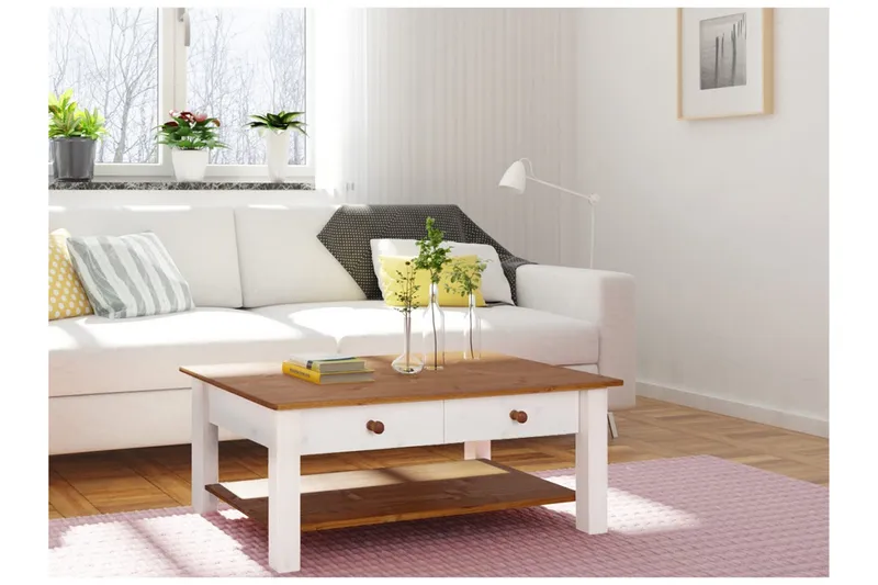 Evonne Sofabord 100 cm med Oppbevaring 2 Skuffer + Hylle - Hvit/Brun - Møbler - Bord - Sofabord
