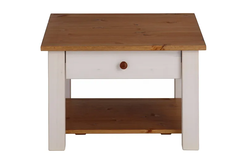 Evonne Sofabord 60 cm med Oppbevaringsskuff + Hylle, Hvit/Brun