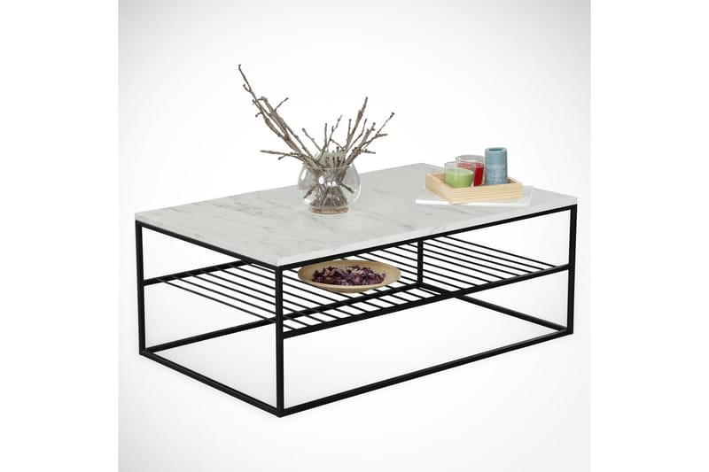 Falan Sofabord 95 cm med Oppbevaring Hylle Marmormønster Rib - Hvit/Svart - Møbler - Bord - Sofabord