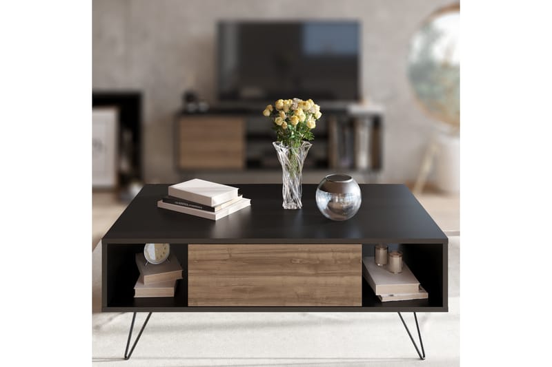 Frascone Sofabord 120 cm med Oppbevaring Hylle+Lucka - Svart/Valnøttsbrun - Møbler - Bord - Sofabord