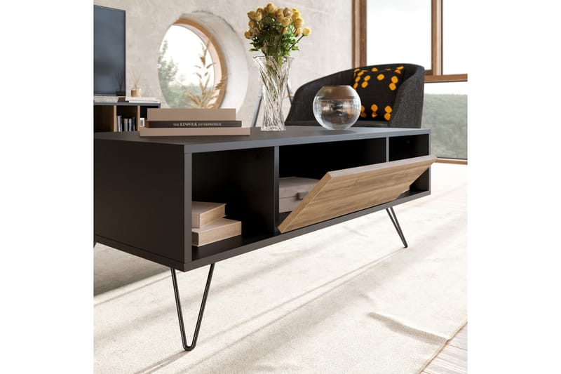 Frascone Sofabord 120 cm med Oppbevaring Hylle+Lucka - Svart/Valnøttsbrun - Møbler - Bord - Sofabord