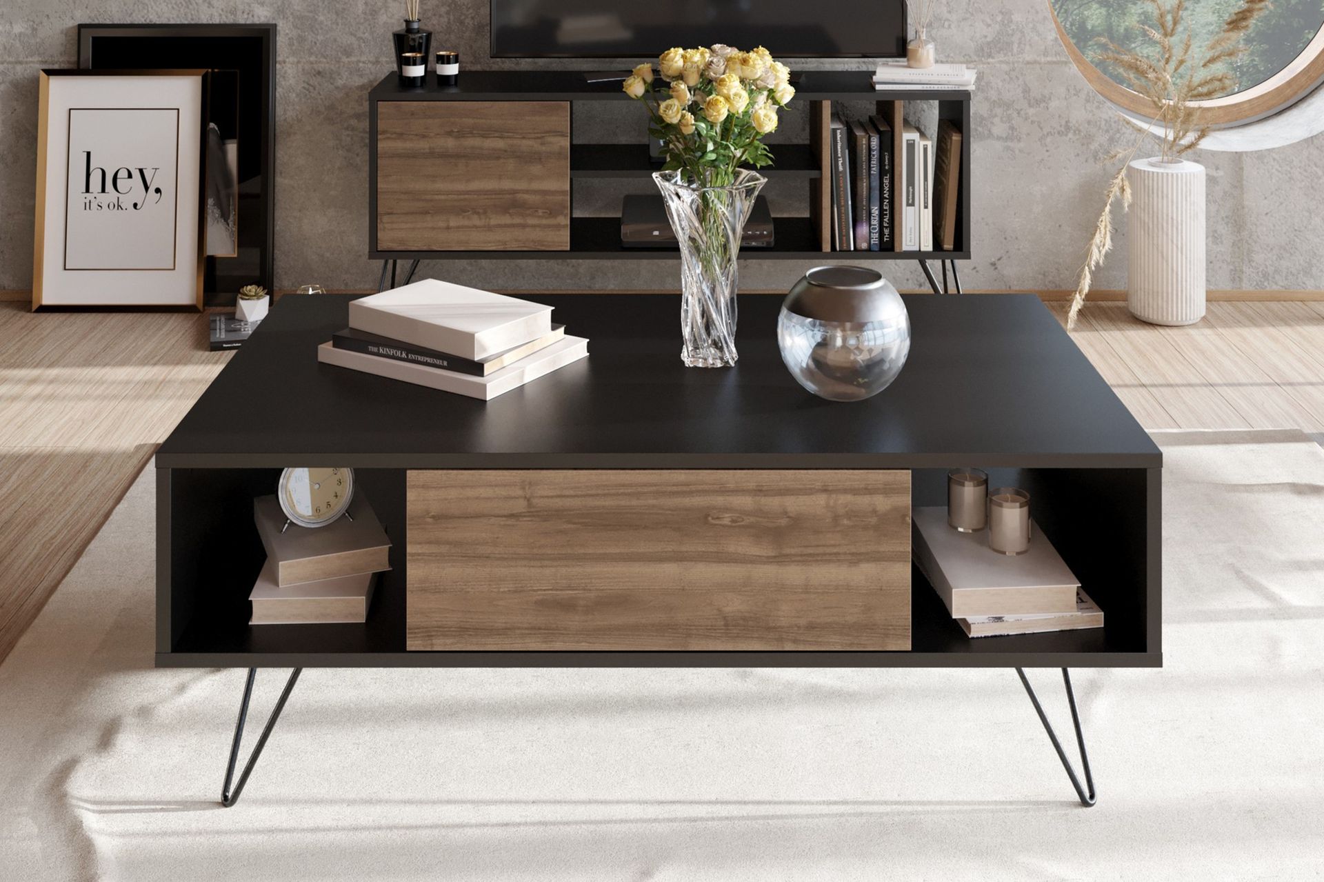 Frascone Sofabord 120 cm med Oppbevaring Hylle+Lucka - Svart/Valnøttsbrun - Møbler - Bord - Sofabord