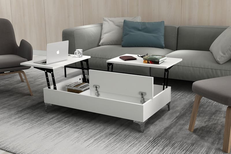 Furny Home Sofabord 121 cm Hev- og Senkbart med Oppbevaring - Hvit - Møbler - Bord - Sofabord
