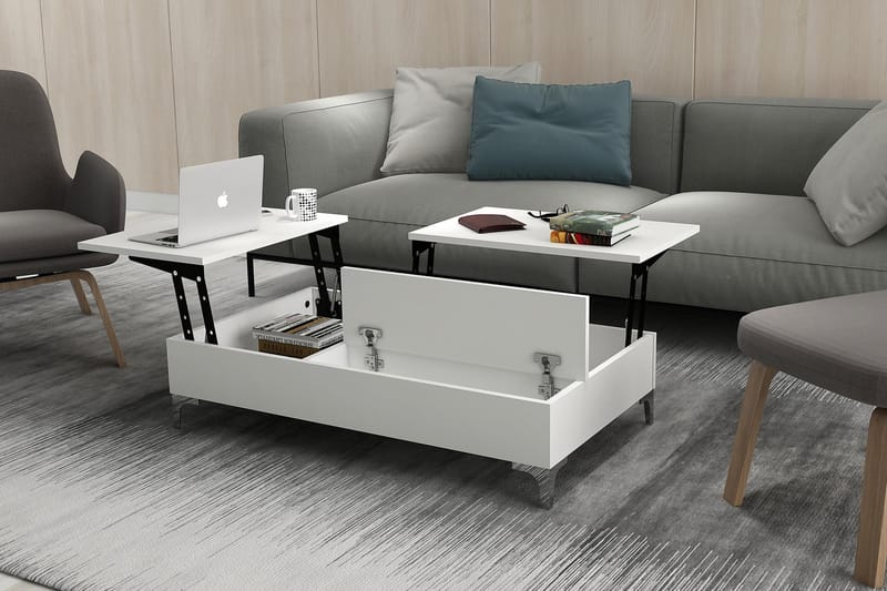Furny Home Sofabord 121 cm Hev- og Senkbart med Oppbevaring - Hvit - Sofabord
