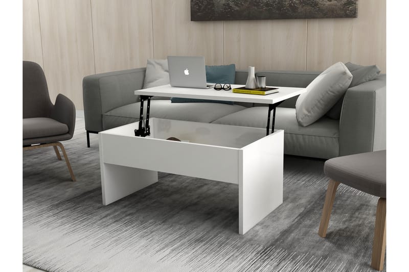 Furny Home Sofabord 90 cm Hev- og Senkbart med Oppbevaring - Hvit - Møbler - Bord - Sofabord