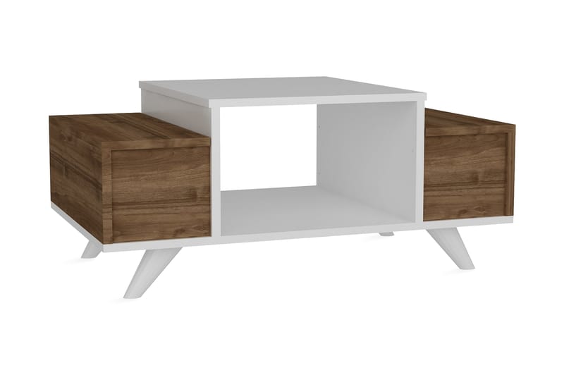 Furny Home Sofabord 90 cm med Oppbevaring - Hvit/Valnøttsbrun - Sofabord