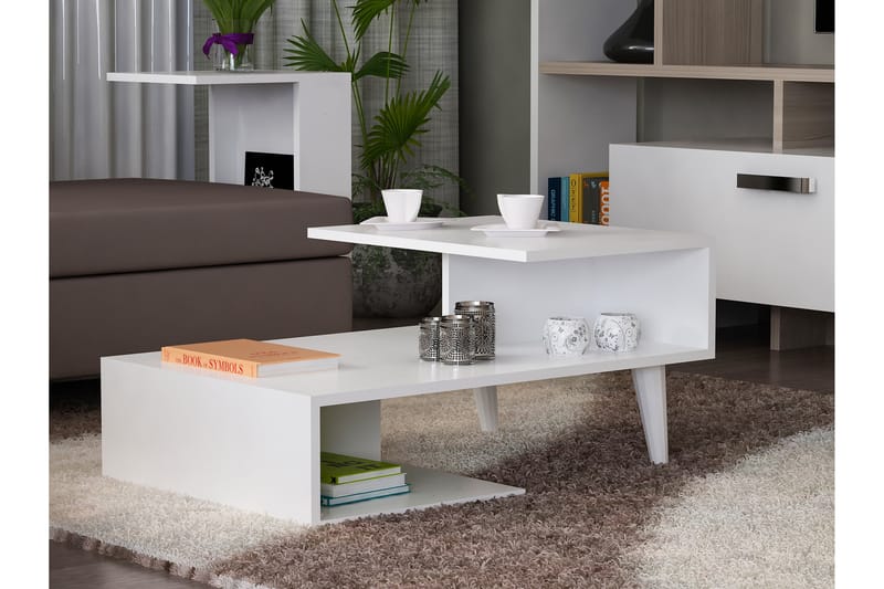Furny Home Sofabord 90 cm med Oppbevaringshyller - Hvit - Sofabord
