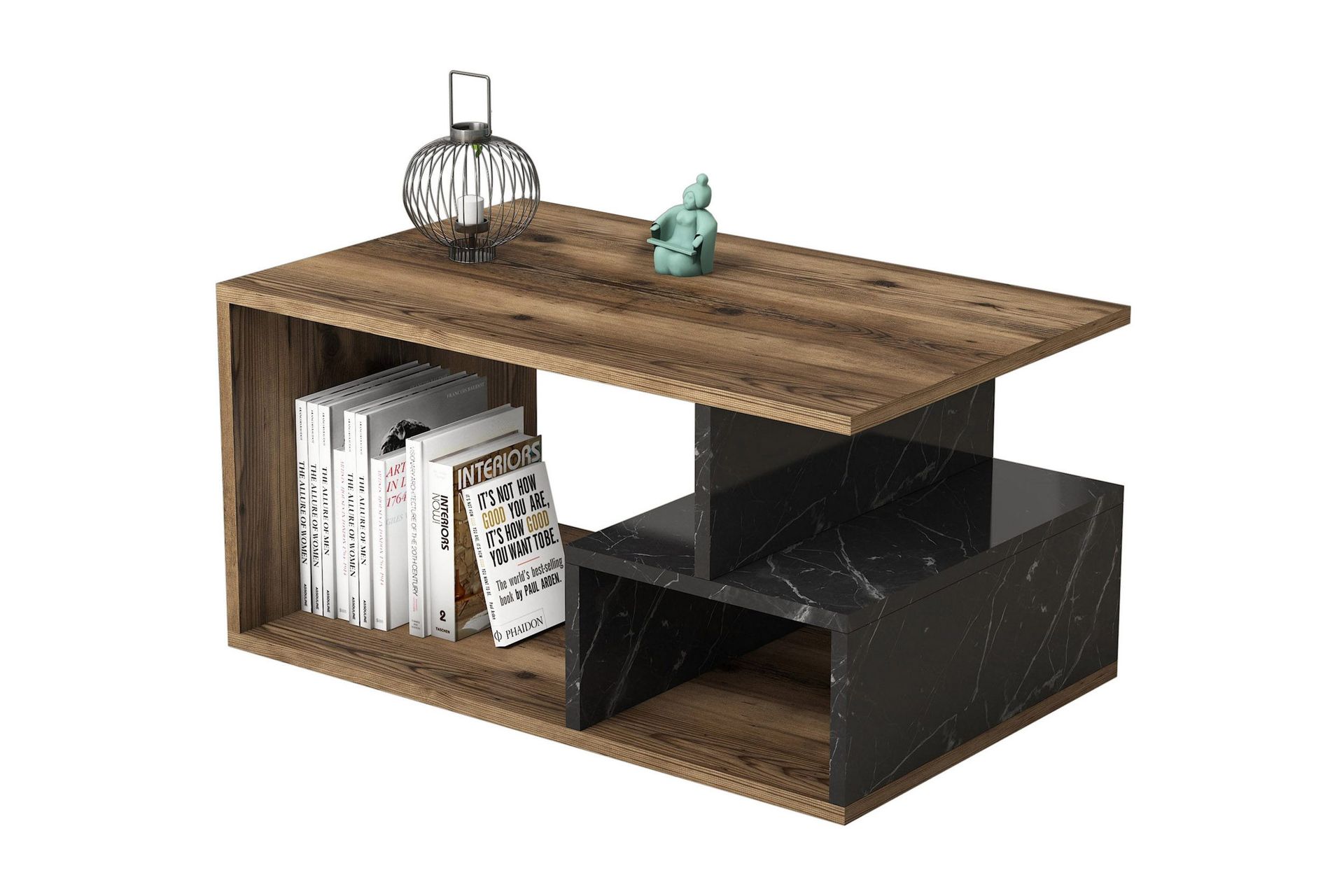 Garavelo salongbord 90 cm med oppbevaring, hyller, marmormønster -