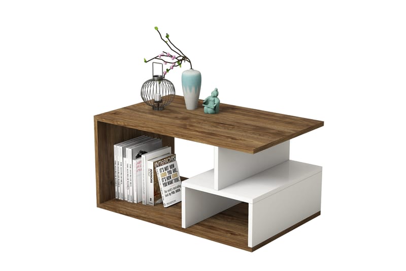 Garavelo Sofabord 90 cm med Oppbevaring Hyller - Mørkebrun/Natur/Hvit - Møbler - Bord - Sofabord