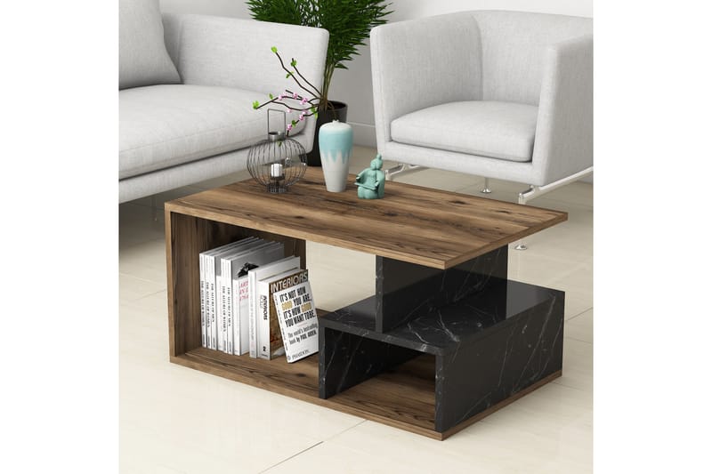 Garavelo Sofabord 90 cm med Oppbevaringshyller Marmormønster - Mørkebrun/Natur/Svart - Møbler - Bord - Sofabord