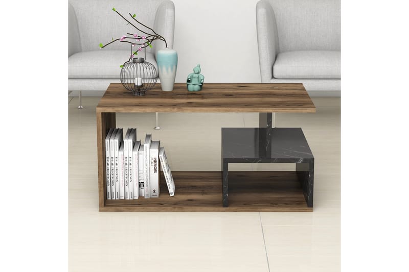 Garavelo Sofabord 90 cm med Oppbevaringshyller Marmormønster - Mørkebrun/Natur/Svart - Møbler - Bord - Sofabord