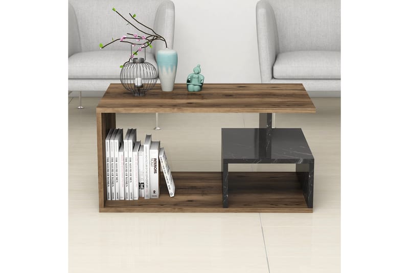 Garavelo Sofabord 90 cm med Oppbevaringshyller Marmormønster - Mørkebrun/Natur/Svart - Sofabord