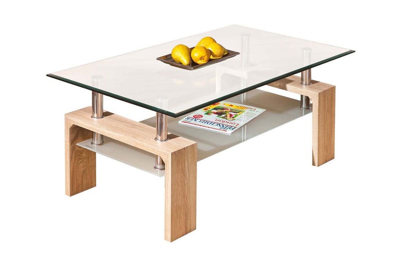 Gylle Sofabord 100 cm med Oppbevaringshylle - Glass/Hvit/Natur - Sofabord med oppbevaring - Sofabord