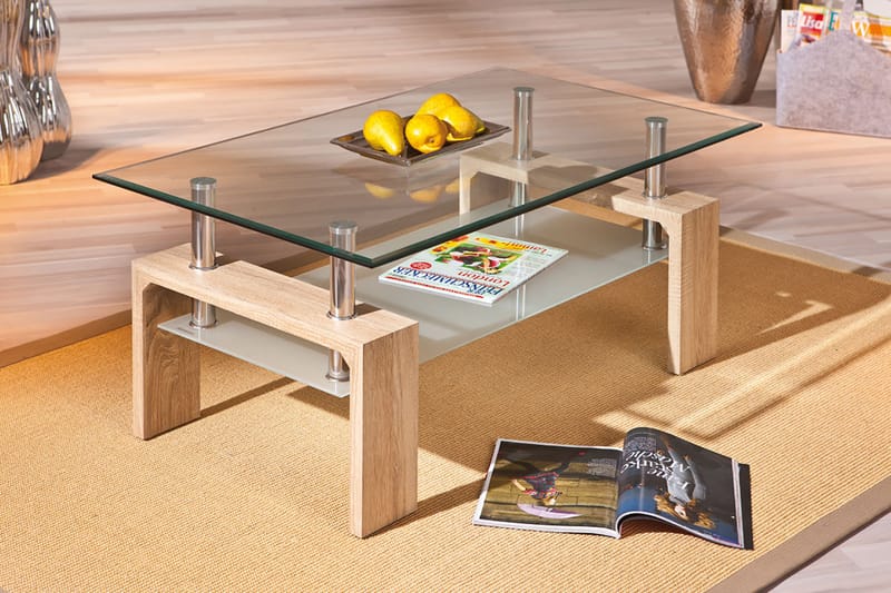 Gylle Sofabord 100 cm med Oppbevaringshylle - Glass/Hvit/Natur - Sofabord med oppbevaring - Sofabord