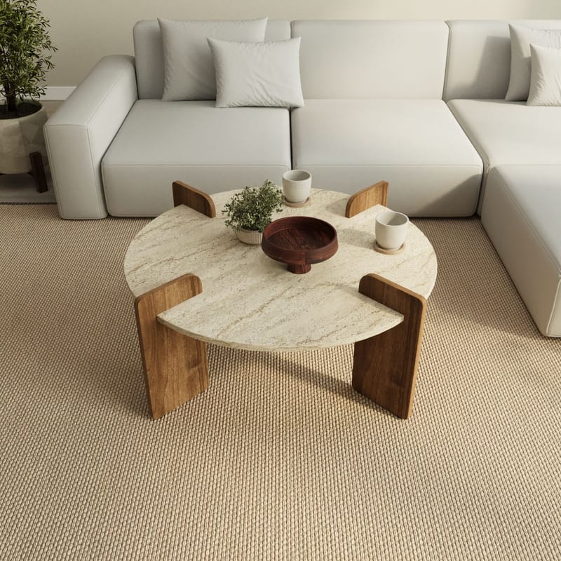 Sofabord Hanah Home Avoure (90 x 35 x 90 cm) Travertine Walnut - Travertin og valnøtt - Møbler - Bord - Sofabord