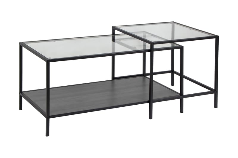 Hasslevik Settbord 90 cm med Oppbevaringshylle 2 Bord - Glass/Svart - Sofabord - Settbord
