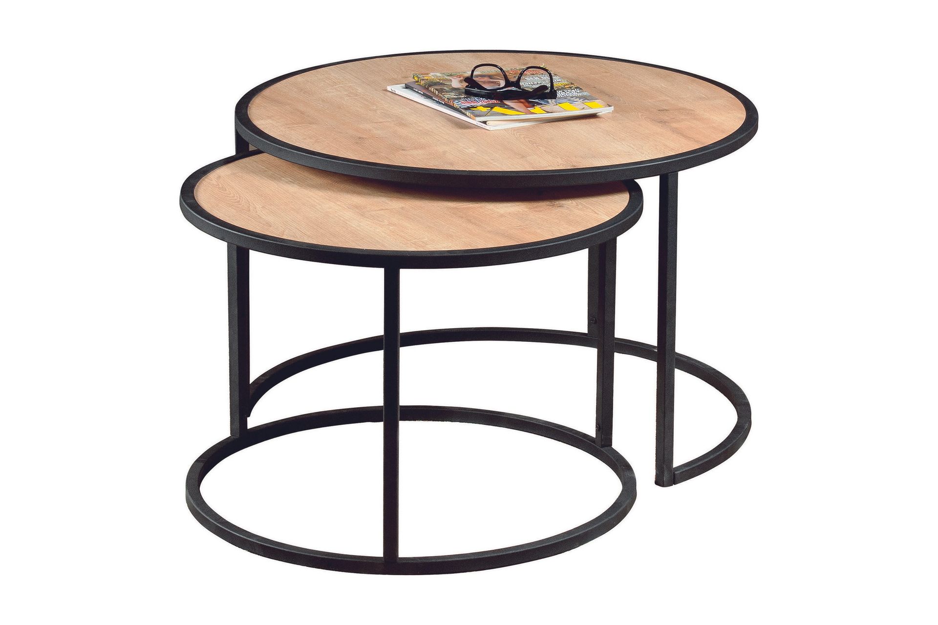 Hejde Settbord 80 cm Rundt 2 Bord - Lysebrun/Svart