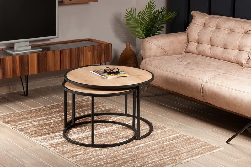 Hejde Settbord 80 cm Rundt 2 Bord - Lysebrun/Svart - Møbler - Bord - Sofabord