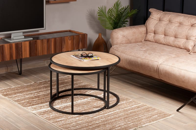 Hejde Settbord 80 cm Rundt 2 Bord - Lysebrun/Svart - Møbler - Bord - Sofabord