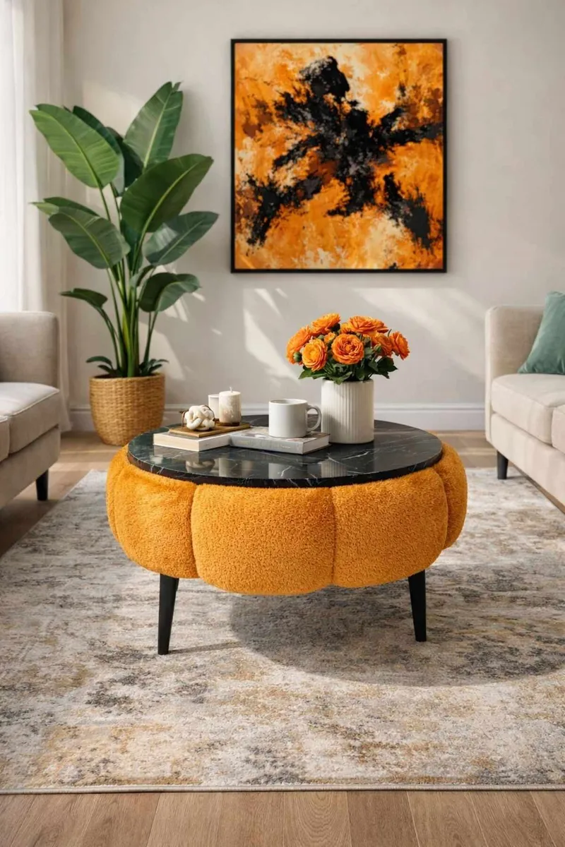 Sofabord Homitis Papatya 60 (Ø60 x H44 cm) Oransje svart marmor - Møbler - Bord - Sofabord