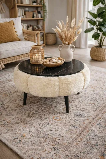 Sofabord Homitis Papatya 60 (Ø60 x H44 cm) Krem svart marmor - Møbler - Bord - Sofabord