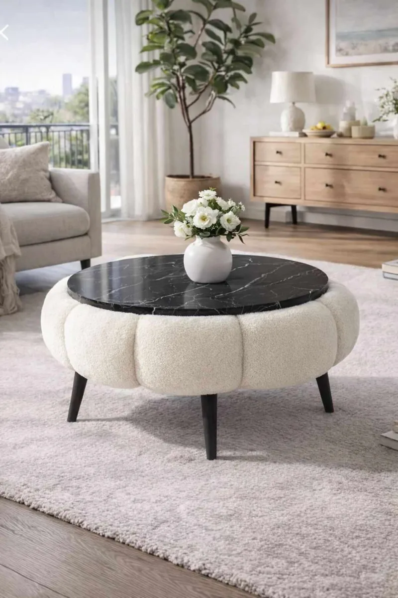 Sofabord Homitis Papatya 60 (Ø60 x H44 cm) Hvit svart marmor - Møbler - Bord - Sofabord