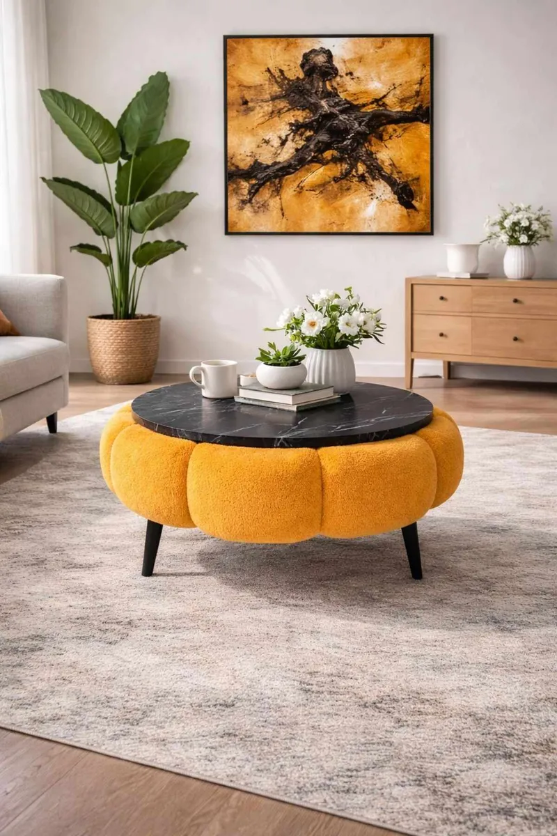 Sofabord Homitis Papatya 60 (Ø60 x H44 cm) Oransje svart marmor - Møbler - Bord - Sofabord