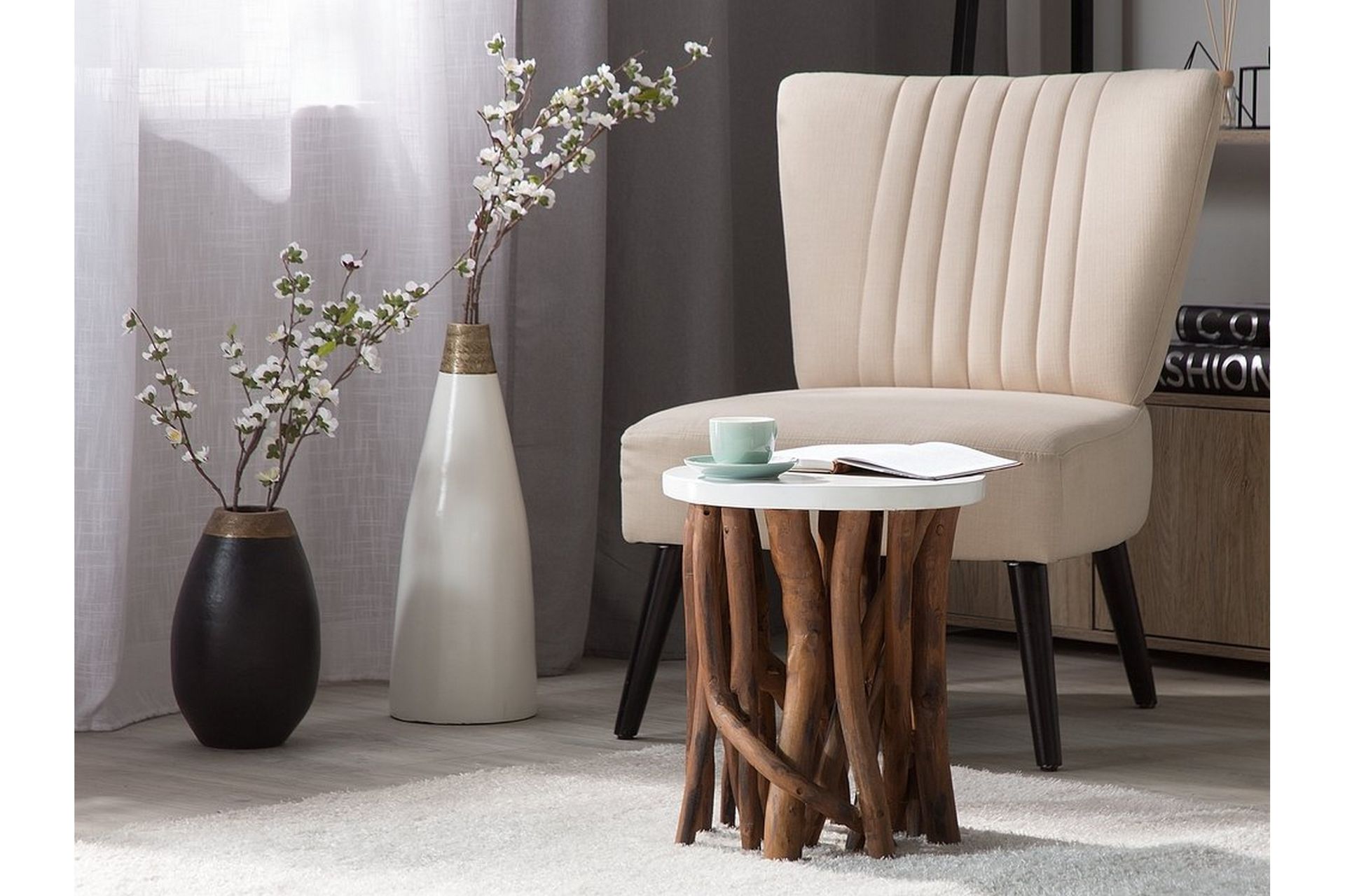 Houma Sofabord 36 cm Rundt med Grenar - Teak/Hvit - Møbler - Bord - Sofabord