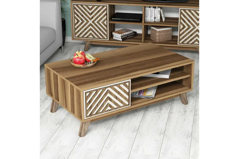 Hovdane Sofabord 105 cm med Oppbevaring 2 Hyller + Skåp Linj - Brun/Hvit/Eik - Møbler - Bord - Sofabord