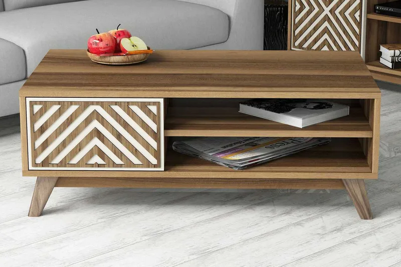 Hovdane Sofabord 105 cm med Oppbevaring 2 Hyller + Skåp Linj - Brun/Hvit/Eik - Møbler - Bord - Sofabord