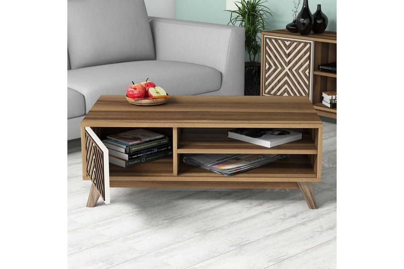 Hovdane Sofabord 105 cm med Oppbevaring 2 Hyller + Skåp Linj - Brun/Hvit/Eik - Møbler - Bord - Sofabord